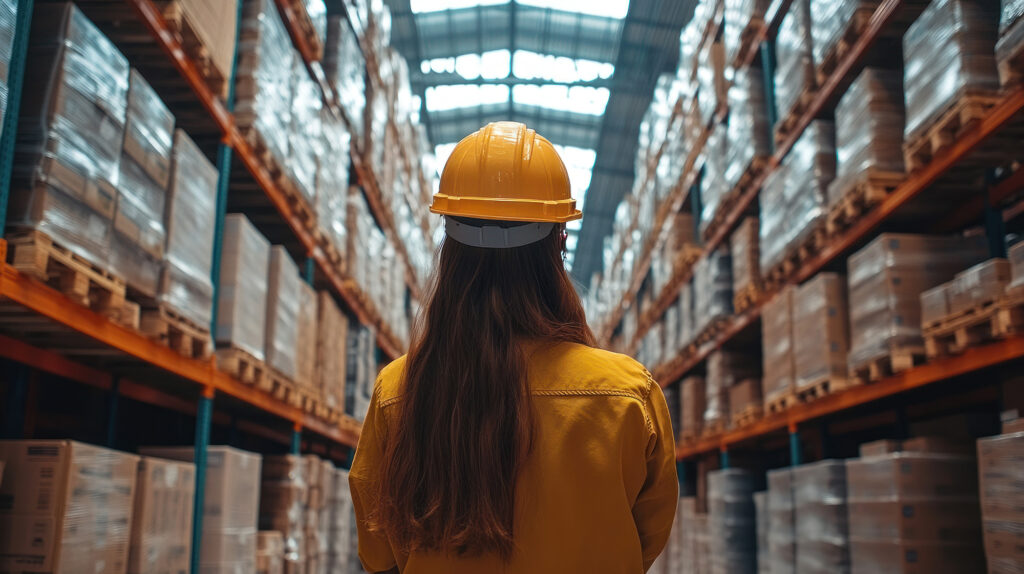 Technicienne portant un casque de protection dans un entrepôt logistique pour équipement high tech