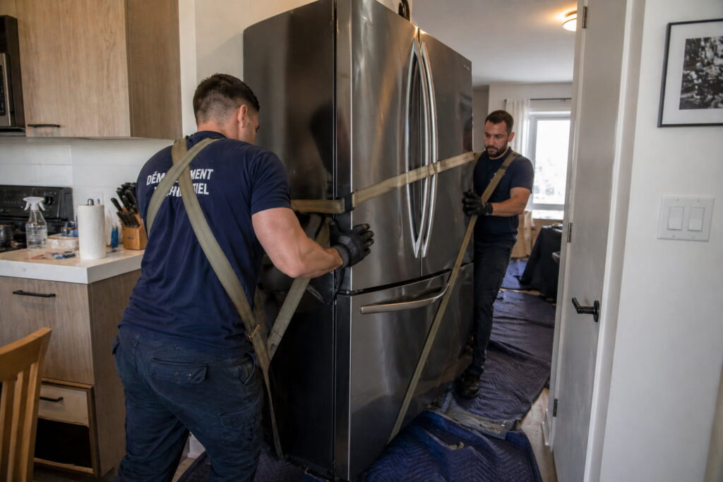 Déménagement d'un frigo lourd.
