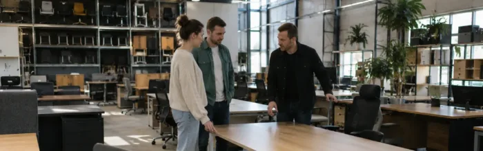 Deux personnes discutant avec un vendeur de meubles d'occasion.