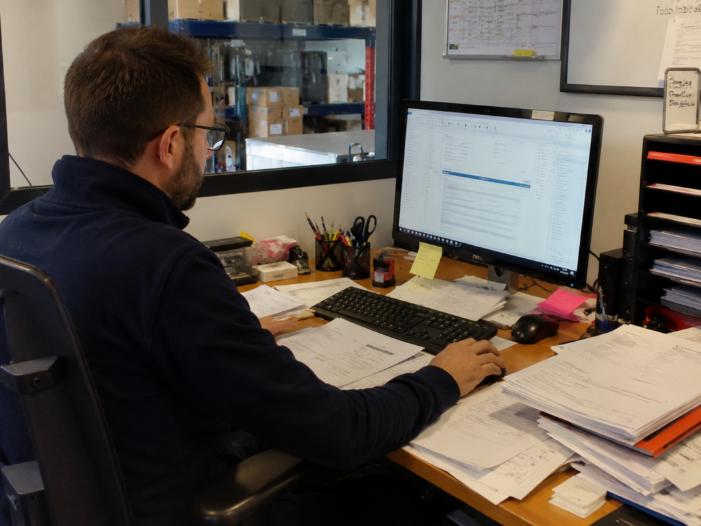 Homme sur un ordinateur entrain d'organiser un déménagement d'entreprise.